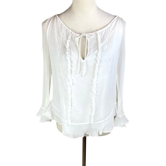Diane Von Furstenberg Sheer Silk Long Sleeve Tie Up Keyhole Neck Blouse - Picture 1 of 14
